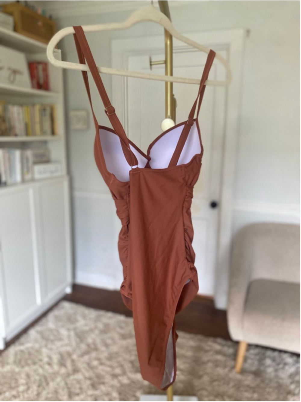 Rust Brown Cutout Twist Front One‎ Piece Swimsuit Ruched Tummy Control XL - Picture 3 of 7